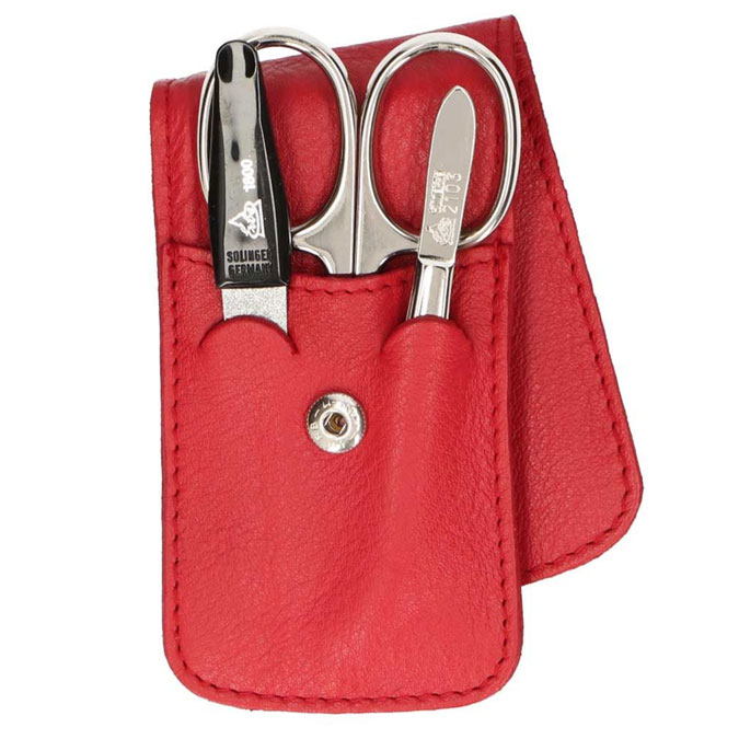 Erbe Lederen Manicure Etui met Drukknoopsluiting Rood (3-delig)