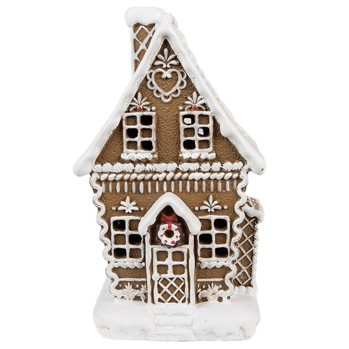 Clayre & Eef Gingerbread house met LED 13x10x21 cm Bruin Kunststof Peperkoekhuisje