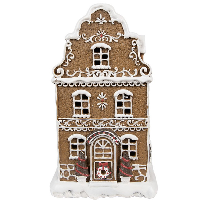 Clayre & Eef Gingerbread house met LED 12x10x21 cm Bruin Kunststof Peperkoekhuisje